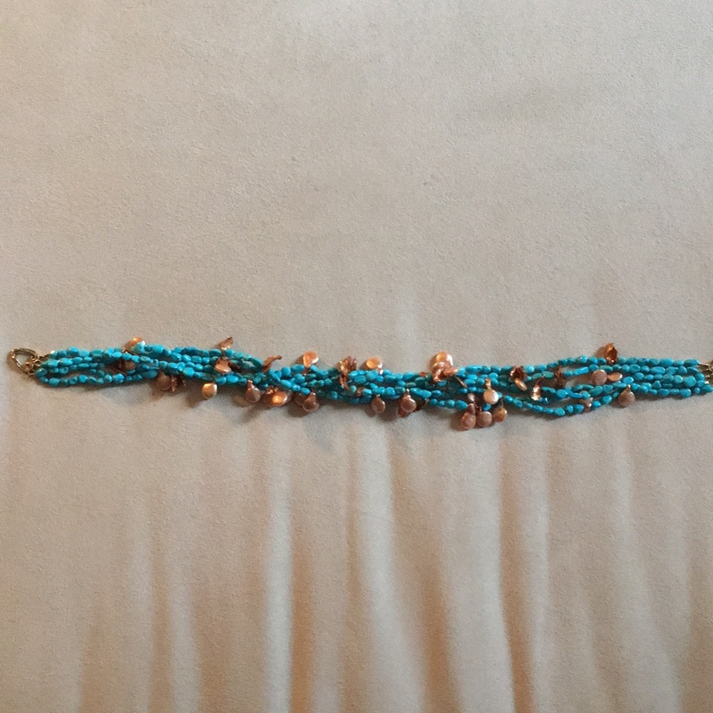 Turquoise & coin & corn flake pearl Necklace